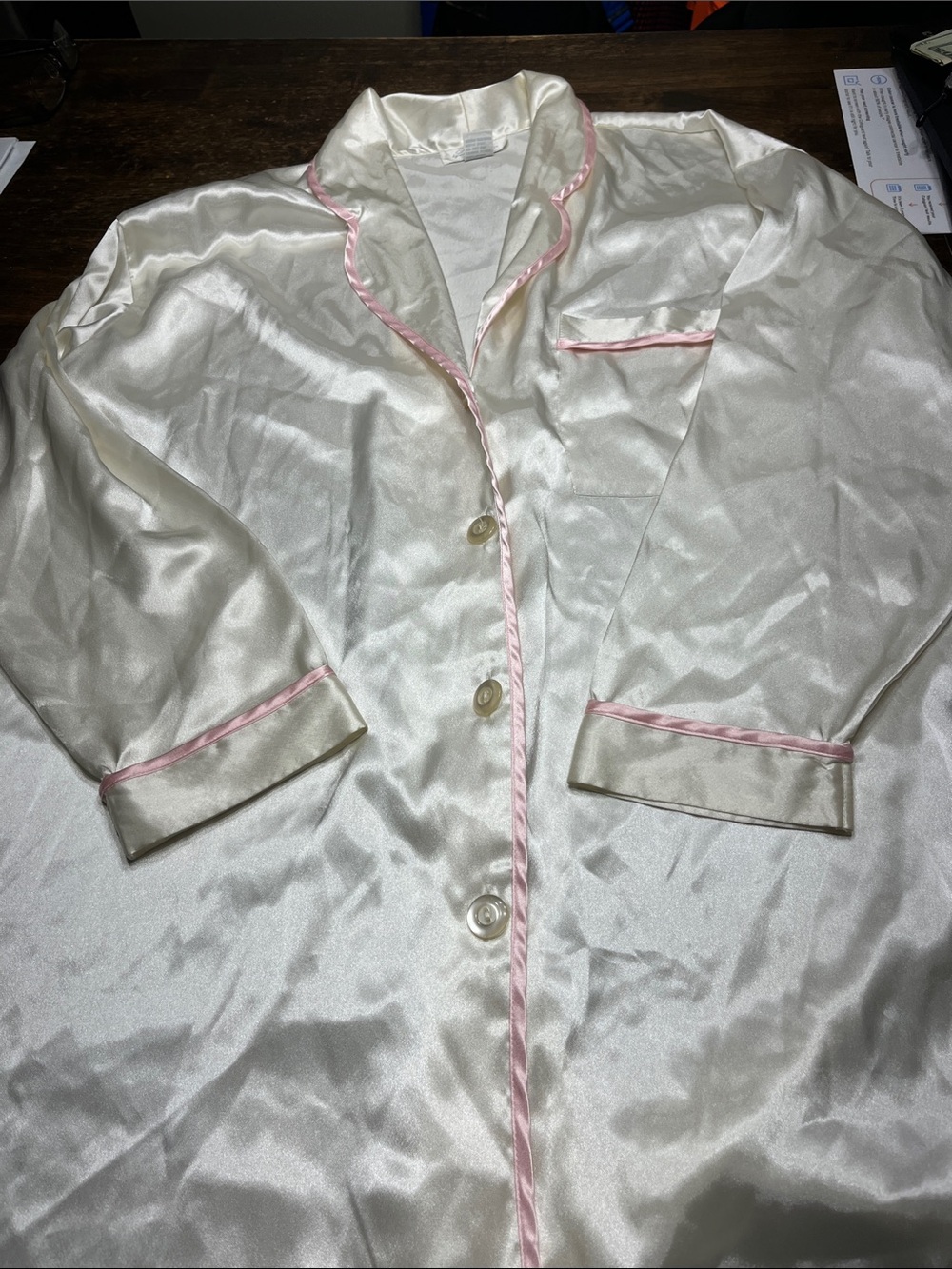Silky Ivory Satin Pajama Top with Pink Trim fantasies by Morgan Taylor